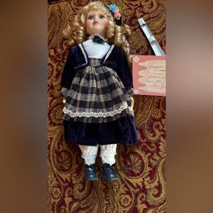 Ellen Porcelain Doll Blue Velvet Dress The Rose Collection Stand Hat Blonde Hair